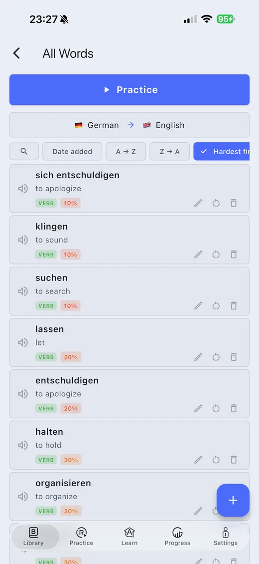 All Words list sorted by hardest first, showing German verbs with their accuracy percentages