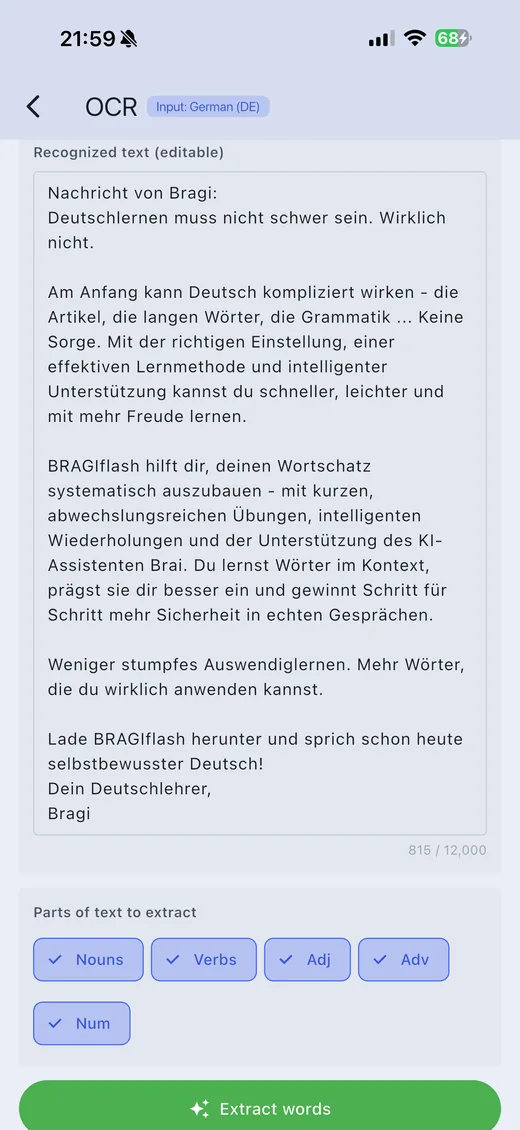 OCR screen with the recognized German text, editable before extracting nouns, verbs and adjectives
